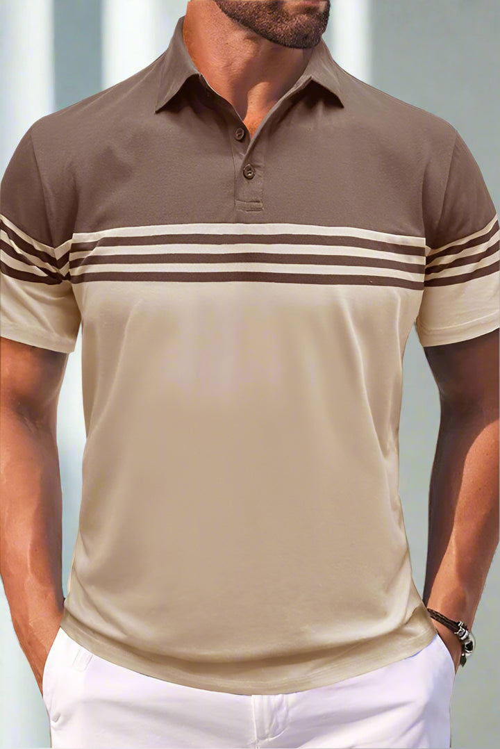 Man wearing a brown and beige striped polo shirt with white pants.