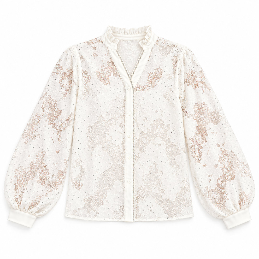 An ivory lace blouse with rose gold sequin accents, featuring a ruffled stand collar, long balloon sleeves, and a front zipper closure, shown against a plain white background.