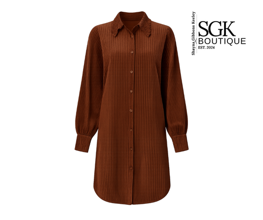 Brown ribbed shirt dress on a white background with SGK Boutique logo.