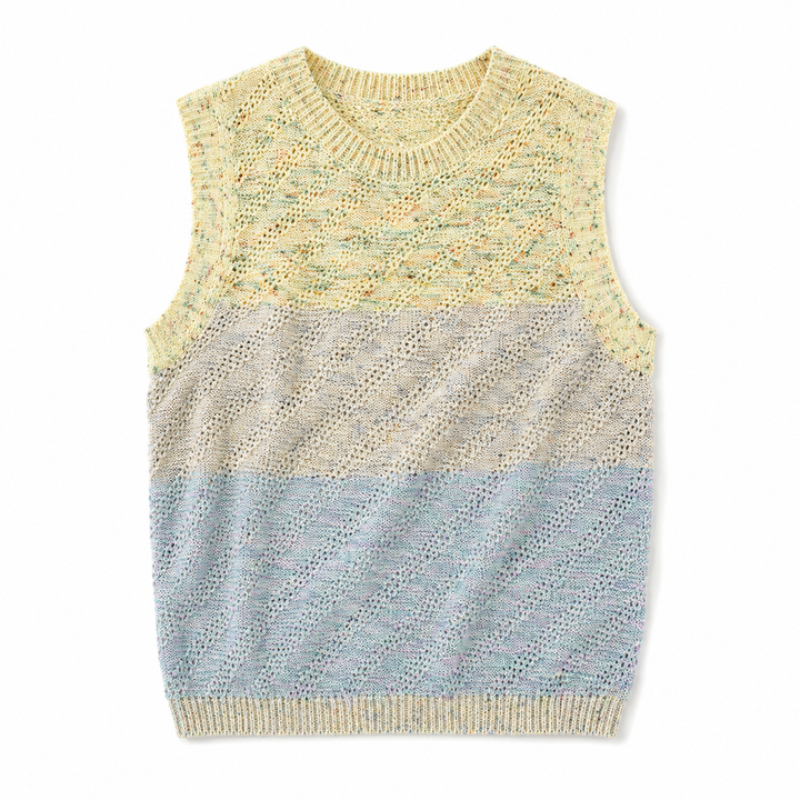 A sleeveless knit sweater vest with a color-blocked pattern, featuring a pale yellow top section, a cream middle section, and a light blue bottom section, laid flat on a white background.