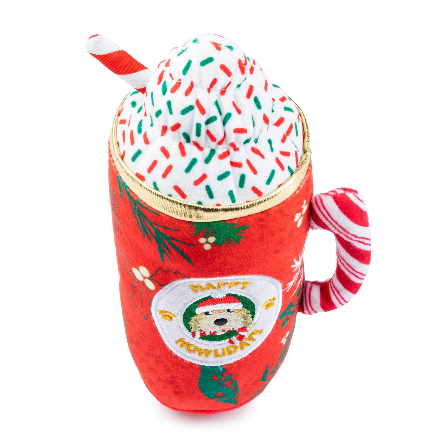 Red mug plush toy with a festive design on a white background