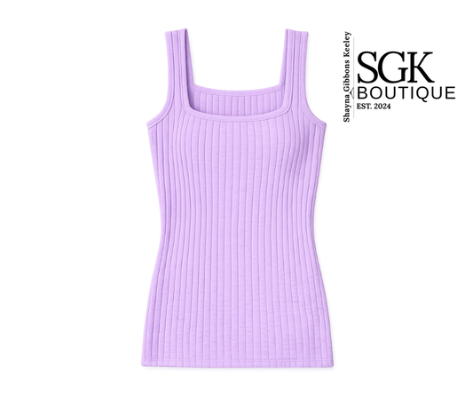 Purple ribbed tank top on a white background with SGK Boutique branding.