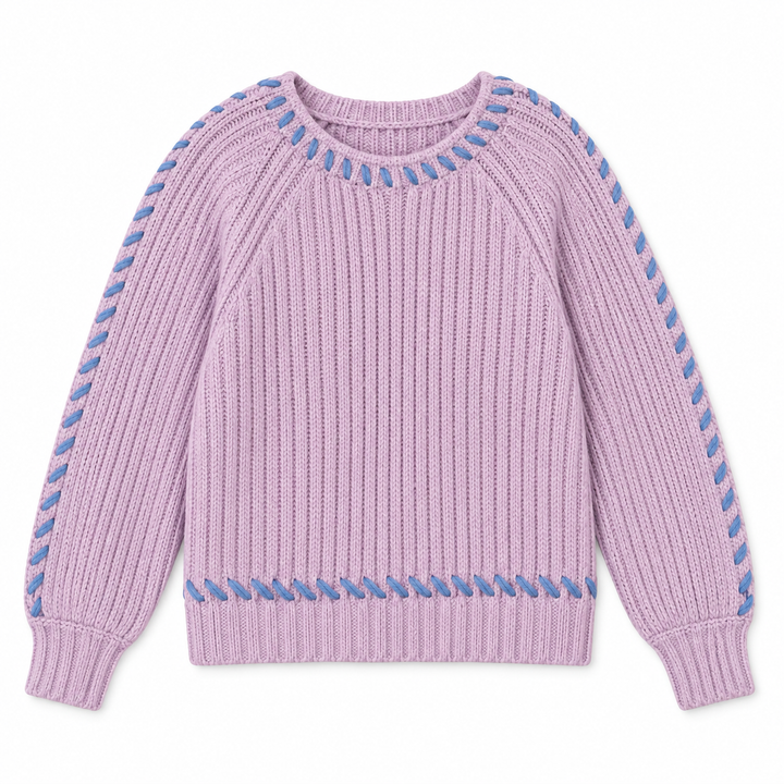 A light purple ribbed knit sweater with blue contrast stitching details along the collar, sleeve cuffs, and hem, displayed flat against a white background.