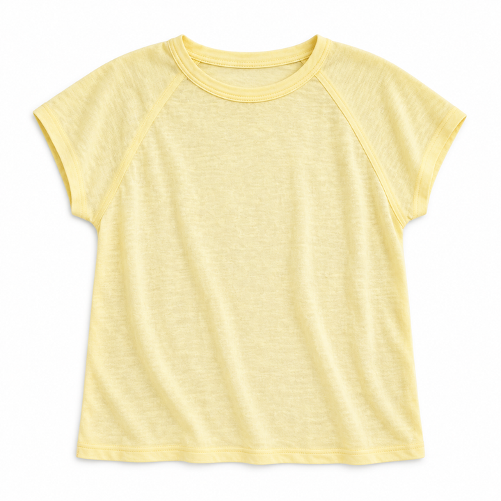 A pale yellow short-sleeve raglan t-shirt with a crew neck, laid flat against a white background.