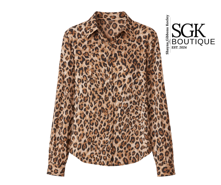 Leopard print shirt on a white background with SGK Boutique logo.
