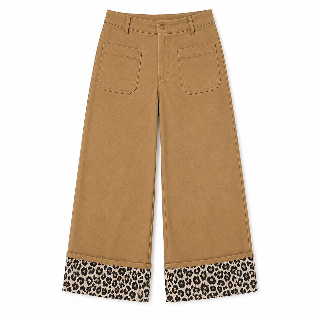 Tan wide-leg cropped pants with leopard print cuffs, shown flat against a white background.