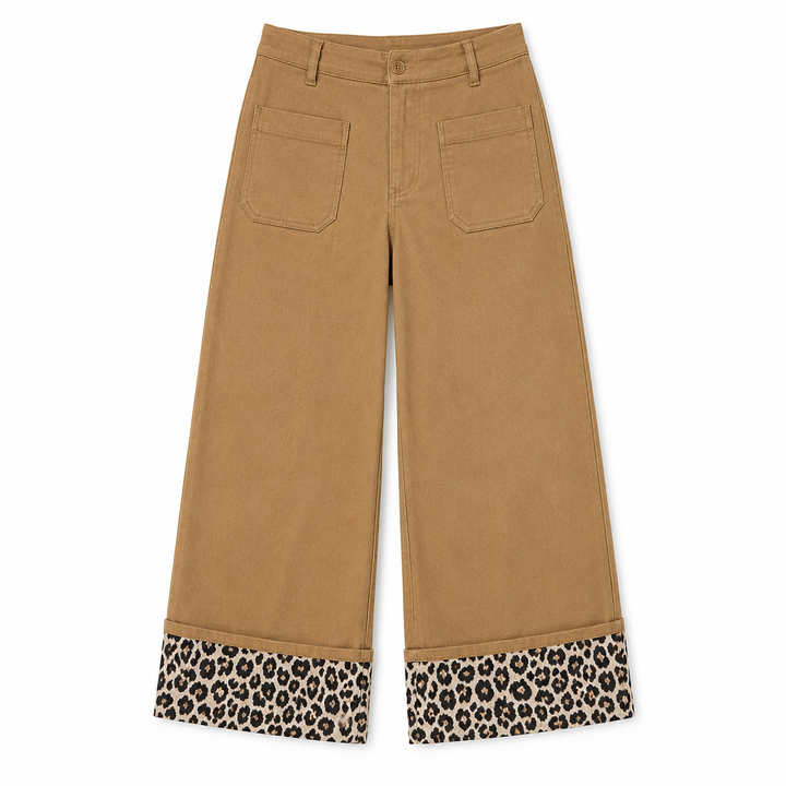 Tan wide-leg cropped pants with leopard print cuffs, shown flat against a white background.