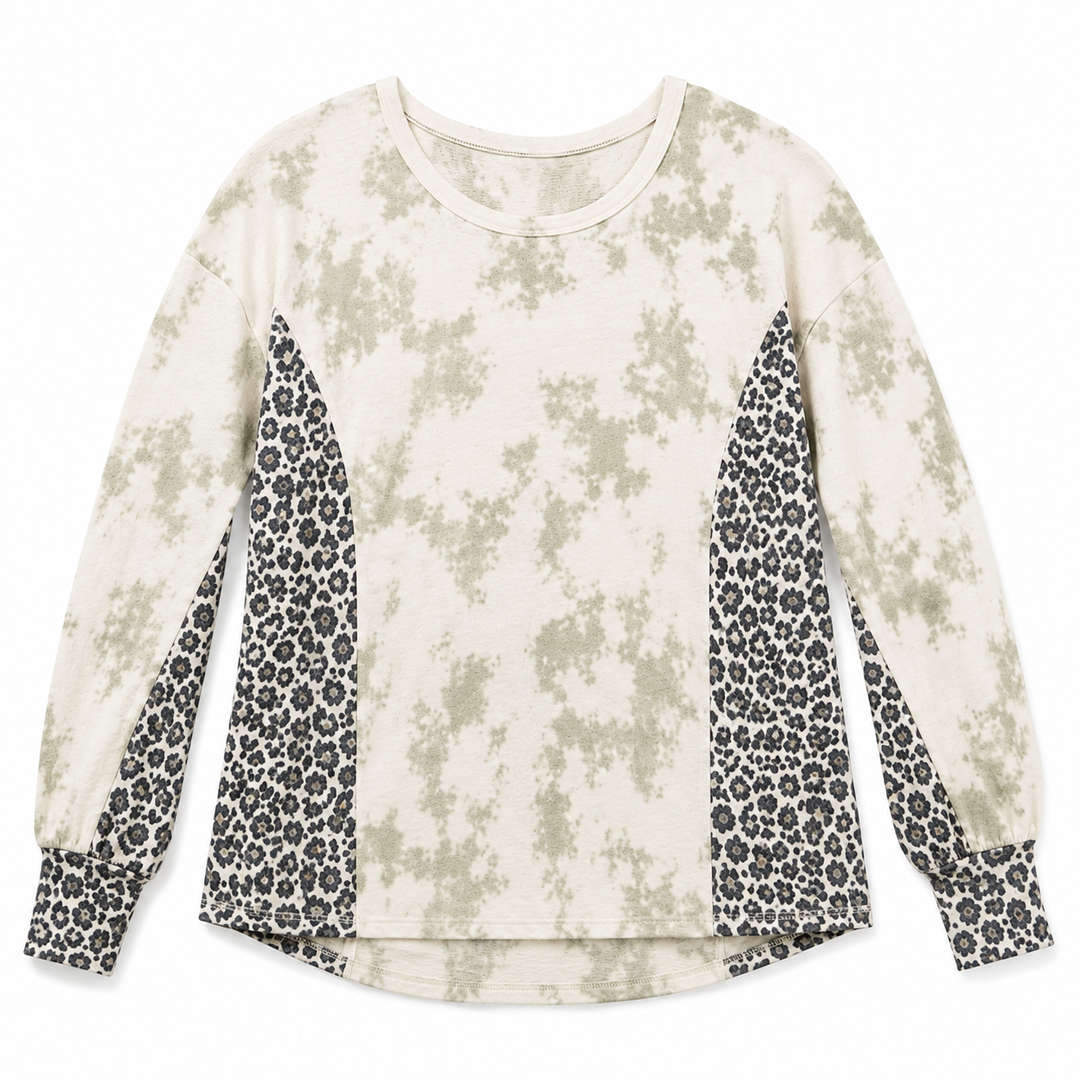 A long-sleeve crewneck top featuring a beige and olive tie-dye body with contrasting leopard-print panels on the sleeves and sides, shown flat on a white background.