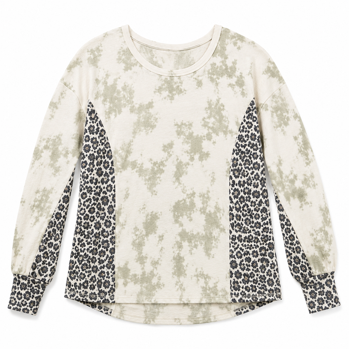 A long-sleeve crewneck top featuring a beige and olive tie-dye body with contrasting leopard-print panels on the sleeves and sides, shown flat on a white background.