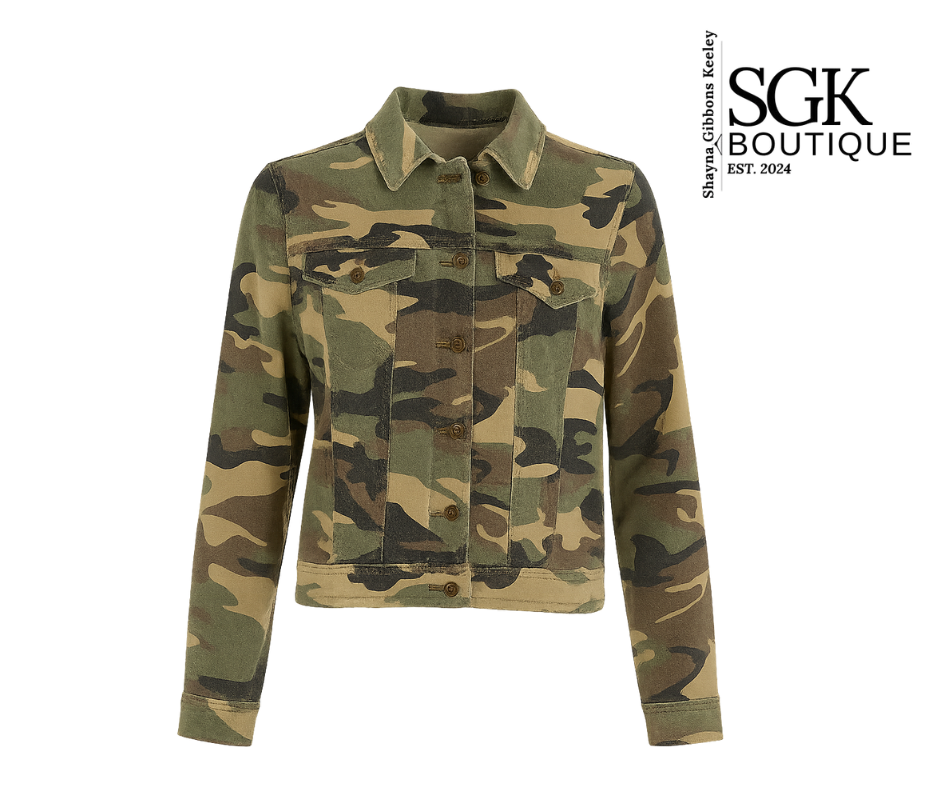 Camouflage jacket on a white background with SGK Boutique logo.