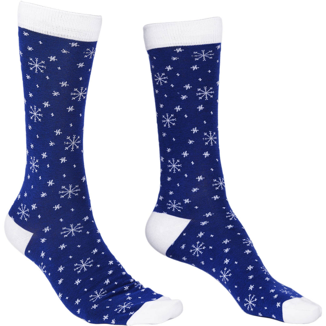 Blue socks with white snowflake pattern on a white background