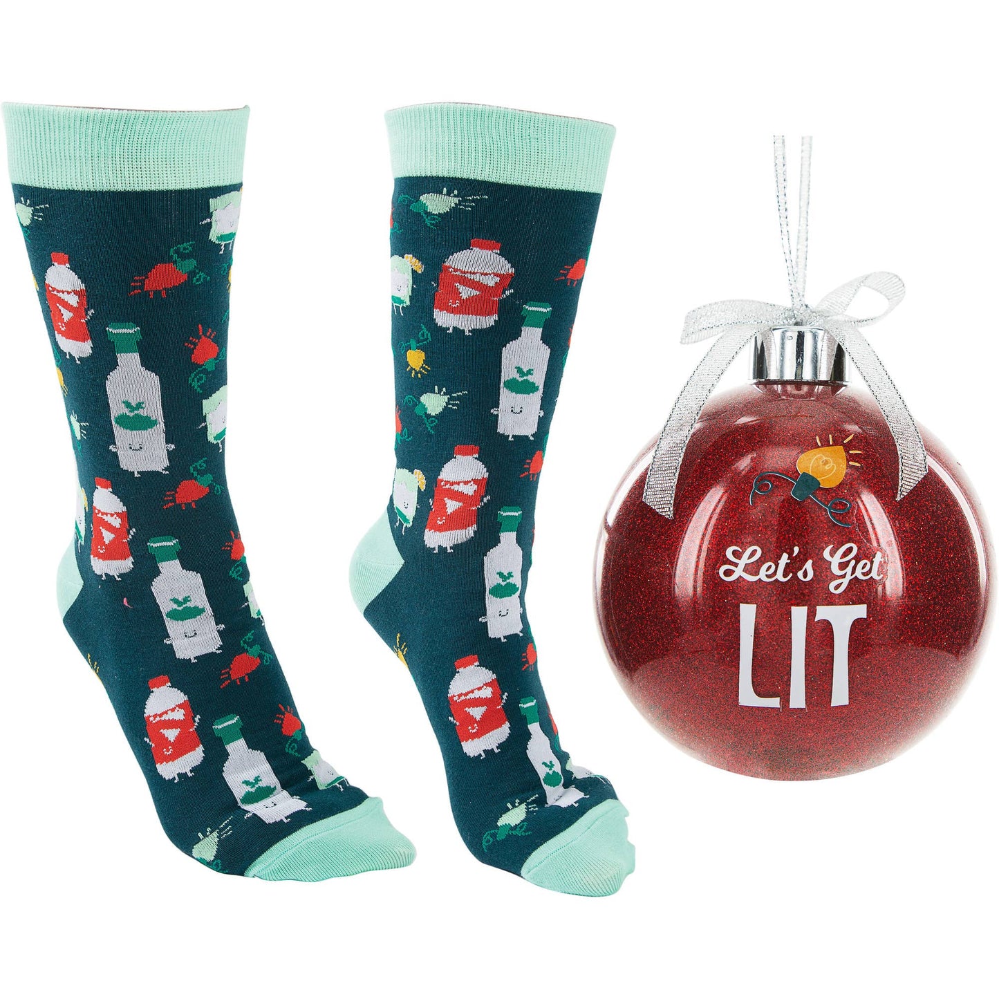 Two pairs of socks with bottle designs and a 'Let's Get Lit' ornament on a white background