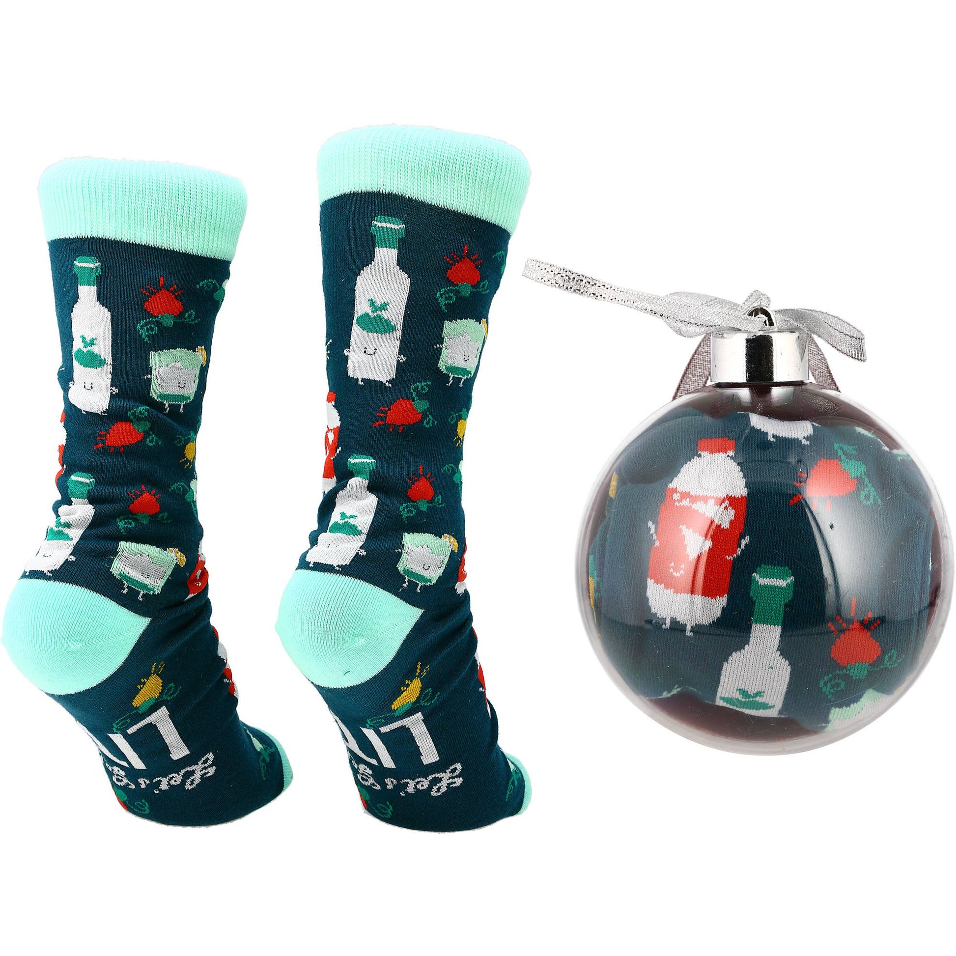 Pair of socks and a Christmas ornament with similar designs on a white background