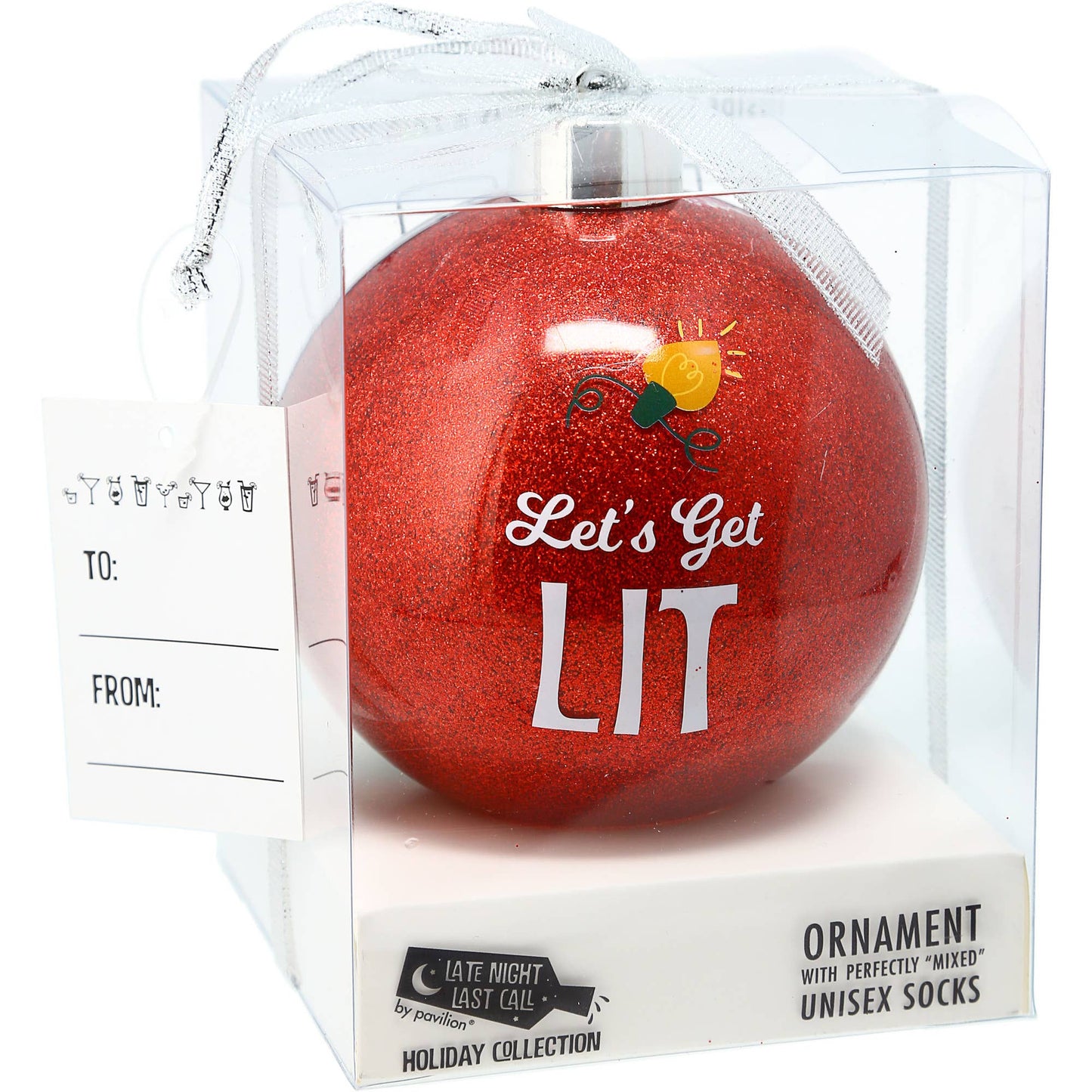 Red ornament with 'Let's Get Lit' text in a clear packaging box.