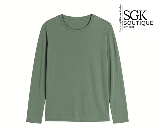 Green long-sleeve shirt on a white background with SGK Boutique logo.
