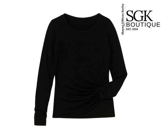 Black long-sleeve top on a white background with SGK Boutique logo.