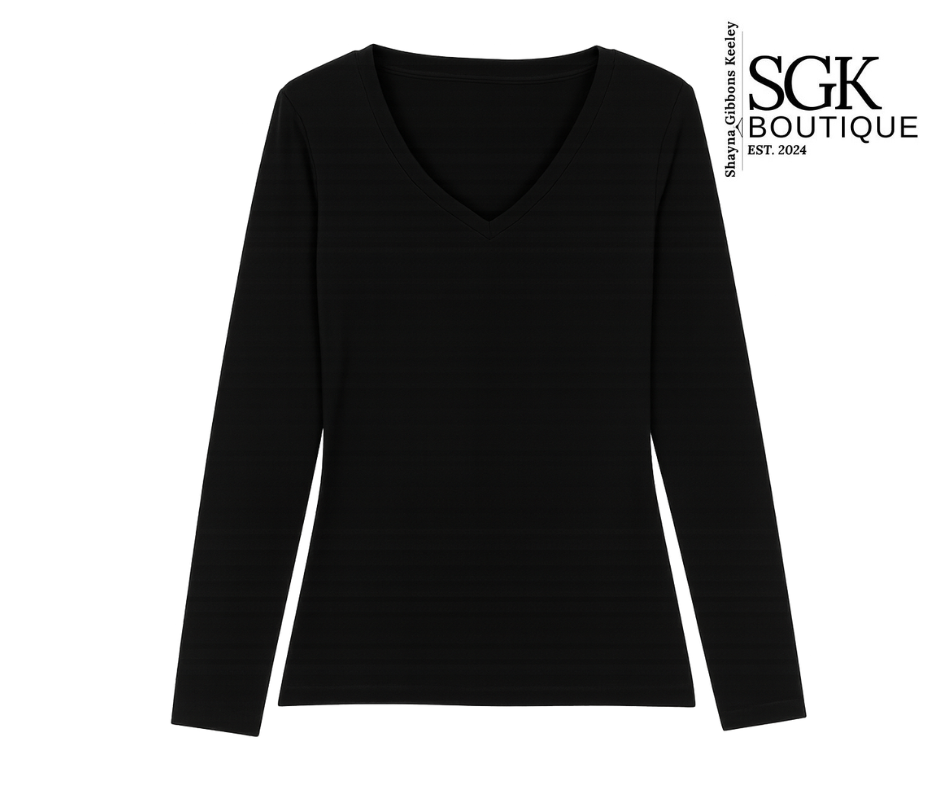 Black long-sleeve shirt on a white background with SGK Boutique branding.