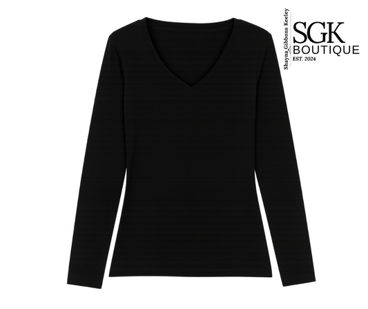 Black long-sleeve shirt on a white background with SGK Boutique branding.