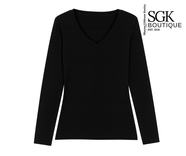 Black long-sleeve shirt on a white background with SGK Boutique branding.