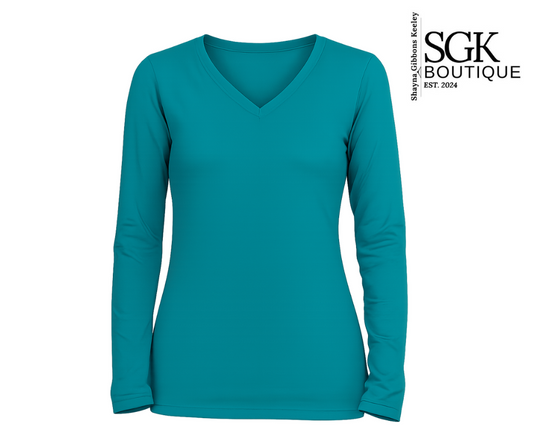 Teal long-sleeve shirt on a white background with SGK Boutique logo.