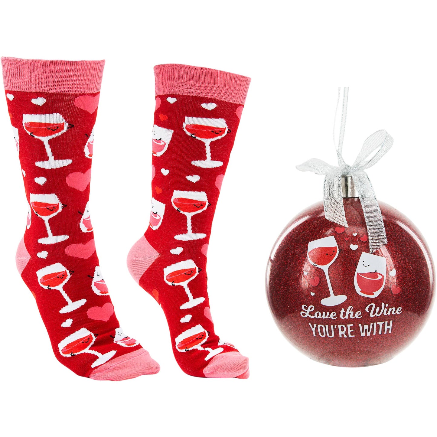 Red socks with wine glass design and a matching ornament on a white background
