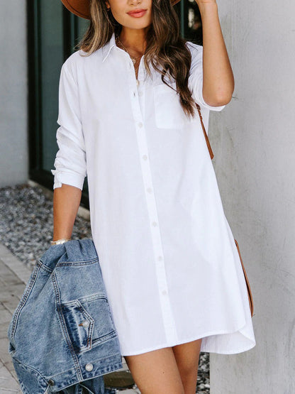 Classic Button Up Collared Neck Long Sleeve Shirt Dress