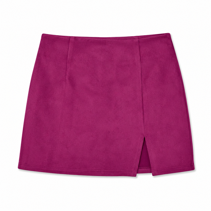 A magenta faux-suede mini skirt with a front slit, shown flat on a white background.