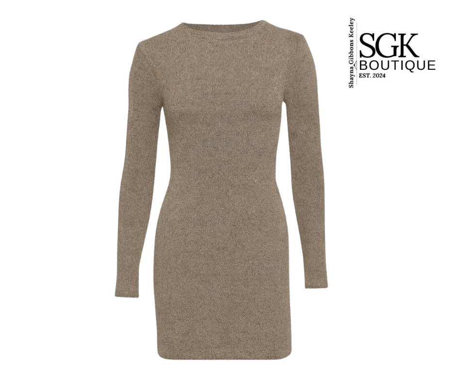 Beige long-sleeve dress on a white background with SGK Boutique logo.