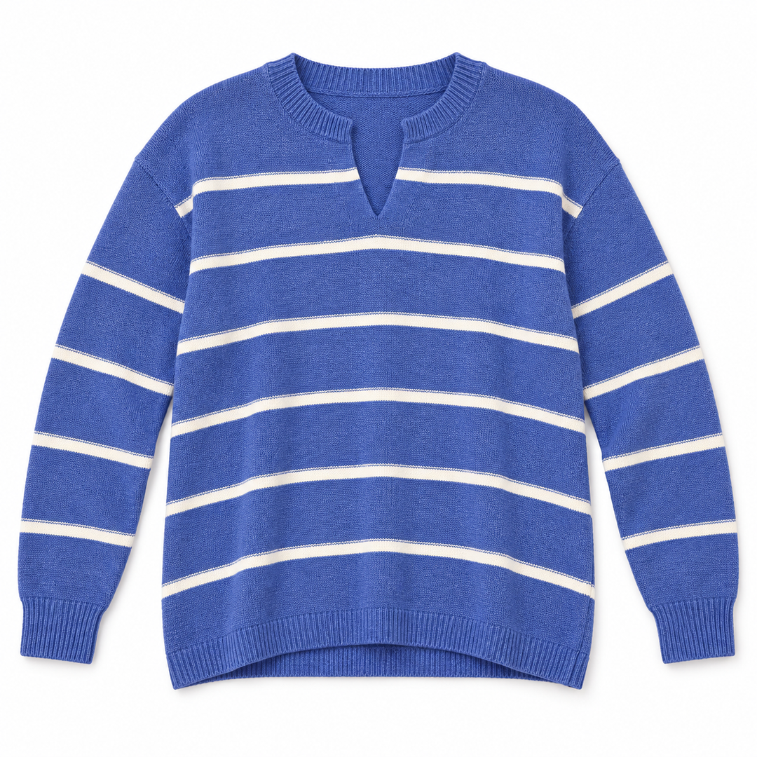 A blue and white horizontally striped knit sweater with a split V-neck collar, long sleeves, and ribbed cuffs and hem, shown flat against a white background.