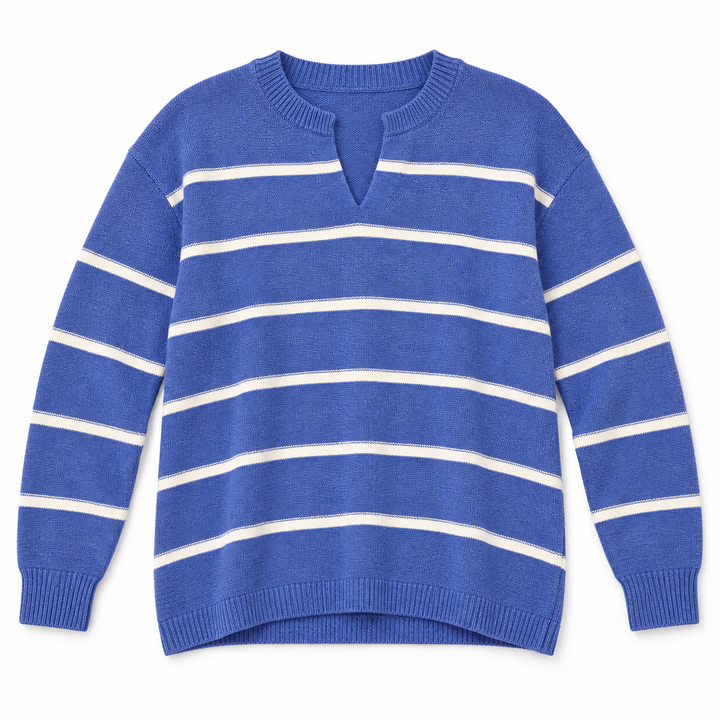 A blue and white horizontally striped knit sweater with a split V-neck collar, long sleeves, and ribbed cuffs and hem, shown flat against a white background.
