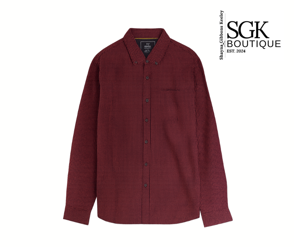 Maroon checkered shirt on a white background with SGK Boutique logo.