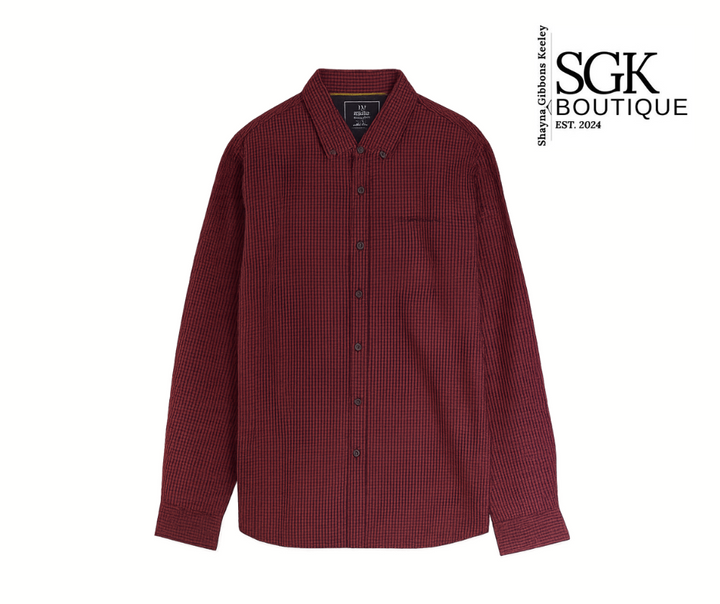 Maroon checkered shirt on a white background with SGK Boutique logo.