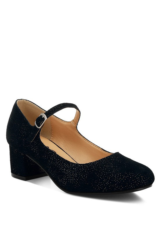 Black glittery shoe with a strap on a white background
