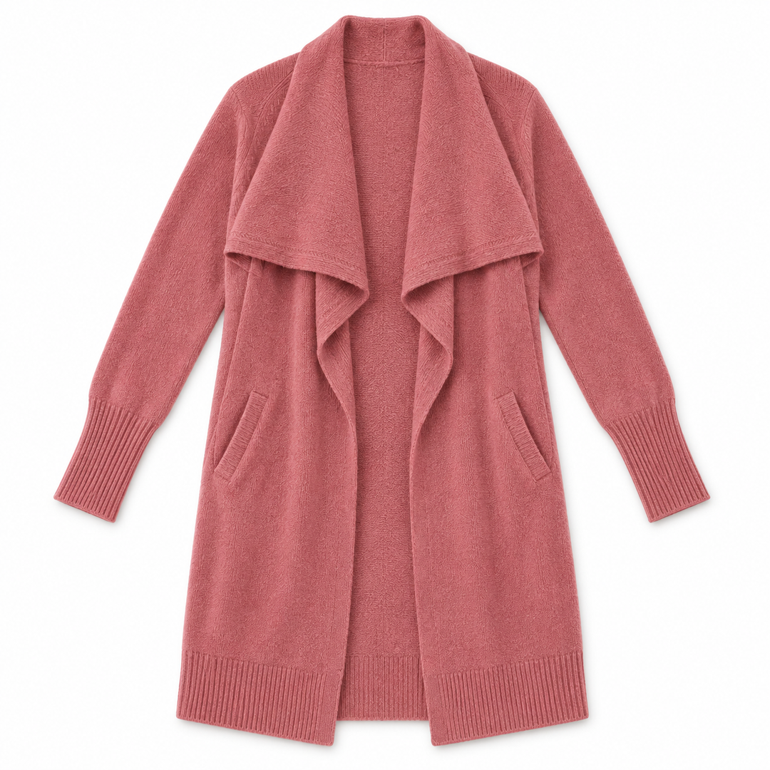 A dusty rose pink open-front knit cardigan with a wide collar, long sleeves, and ribbed cuffs and hem, displayed flat against a white background.