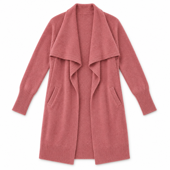 A dusty rose pink open-front knit cardigan with a wide collar, long sleeves, and ribbed cuffs and hem, displayed flat against a white background.