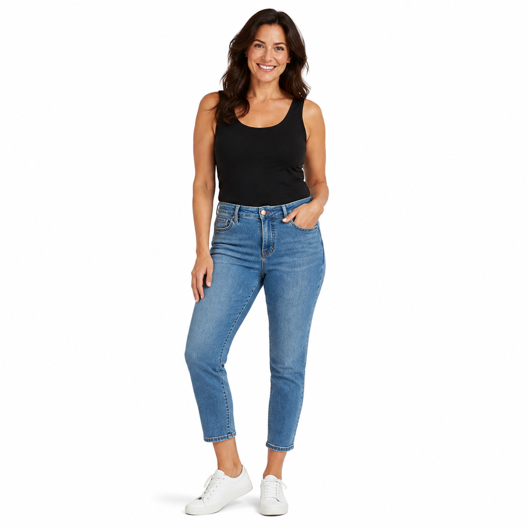 A woman modeling a pair of medium-wash blue cropped jeans with a black tank top and white sneakers, standing against a solid white background.