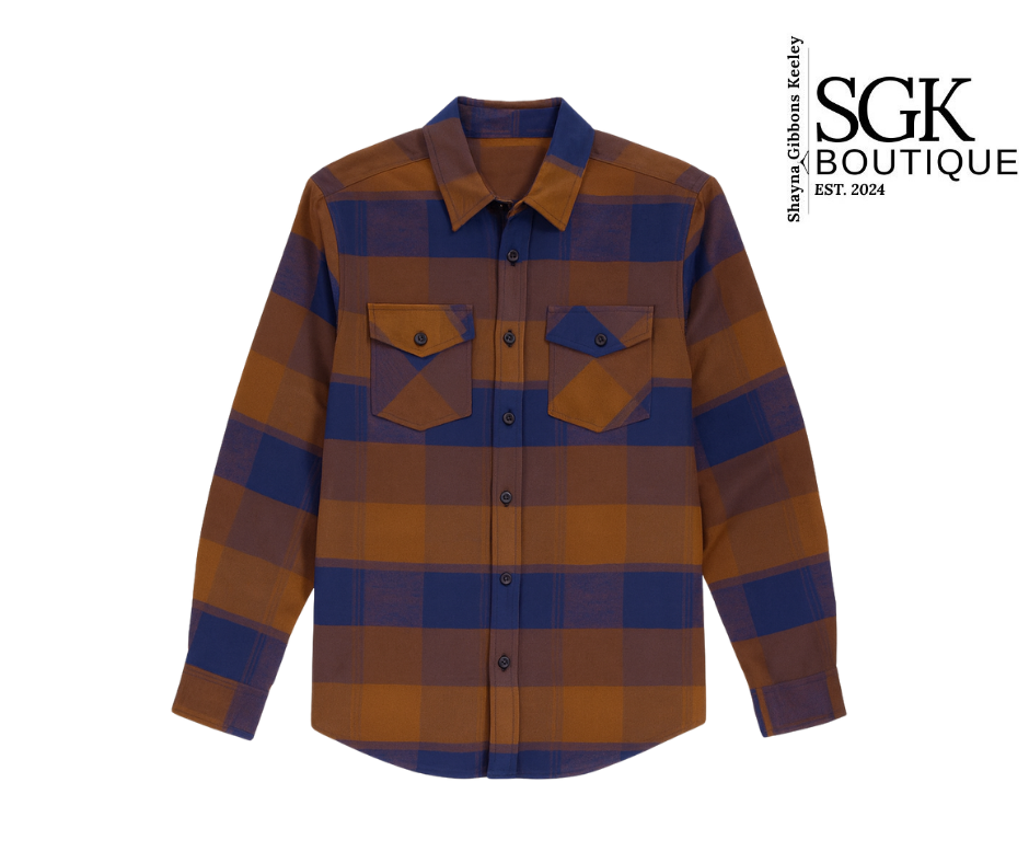 Plaid shirt with brown and blue pattern on a white background, featuring SGK Boutique logo.