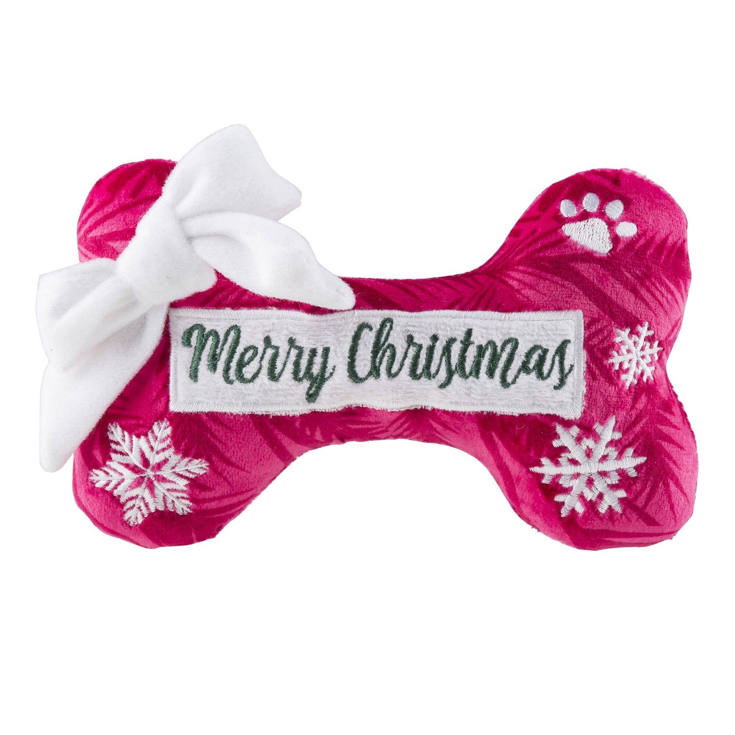 Pink bone-shaped Christmas toy with a white bow and 'Merry Christmas' label on a white background