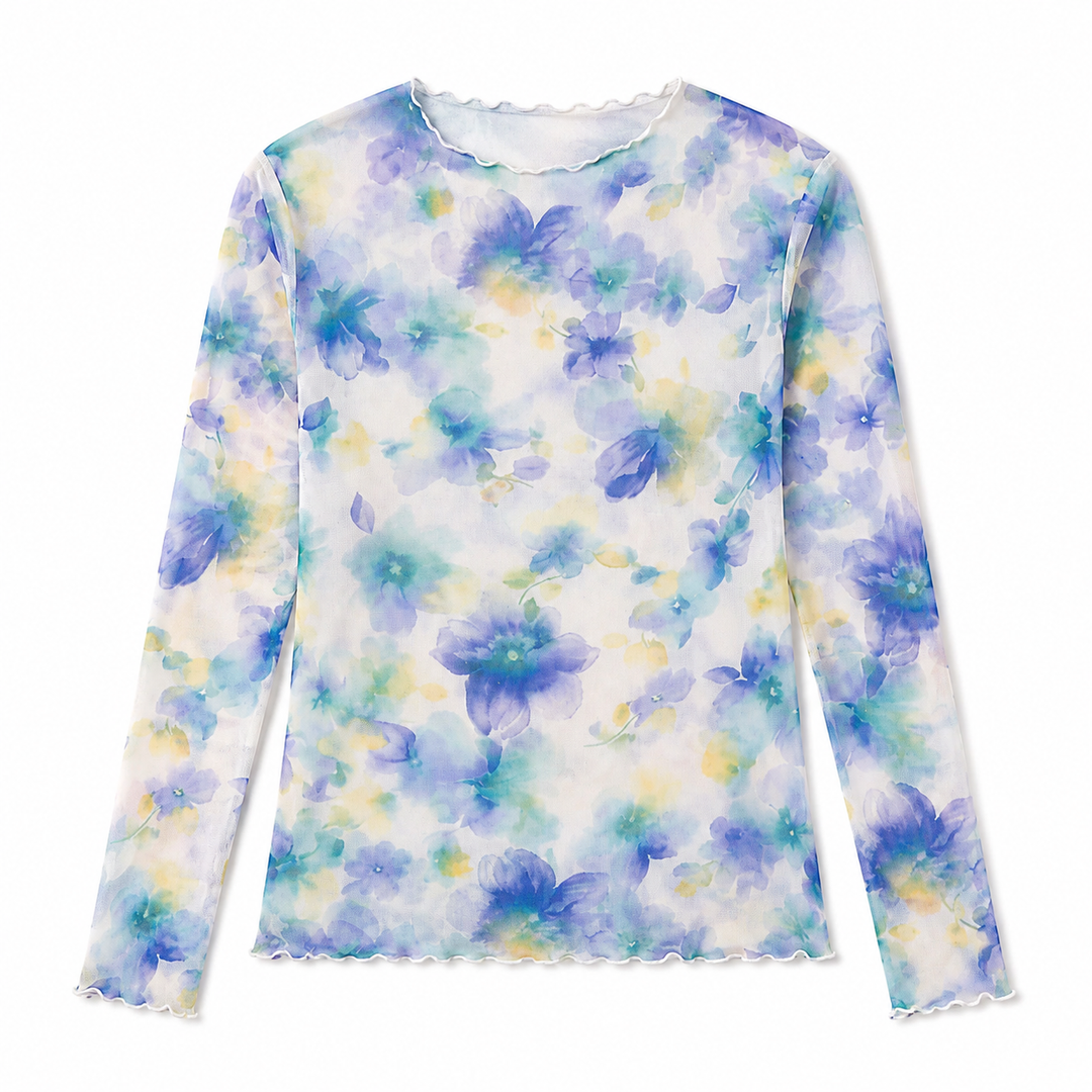 Floral patterned long-sleeve shirt on a white background