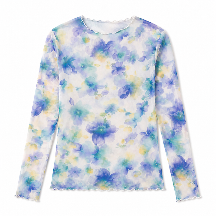Floral patterned long-sleeve shirt on a white background