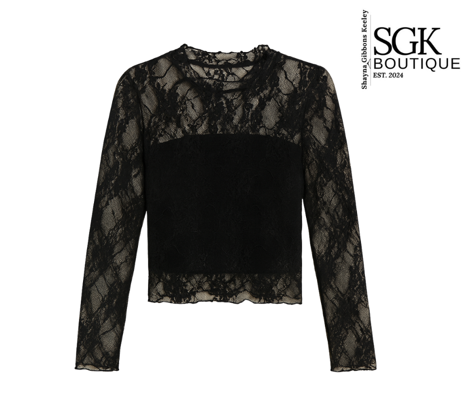 Black lace long-sleeve top on a white background with SGK Boutique branding.