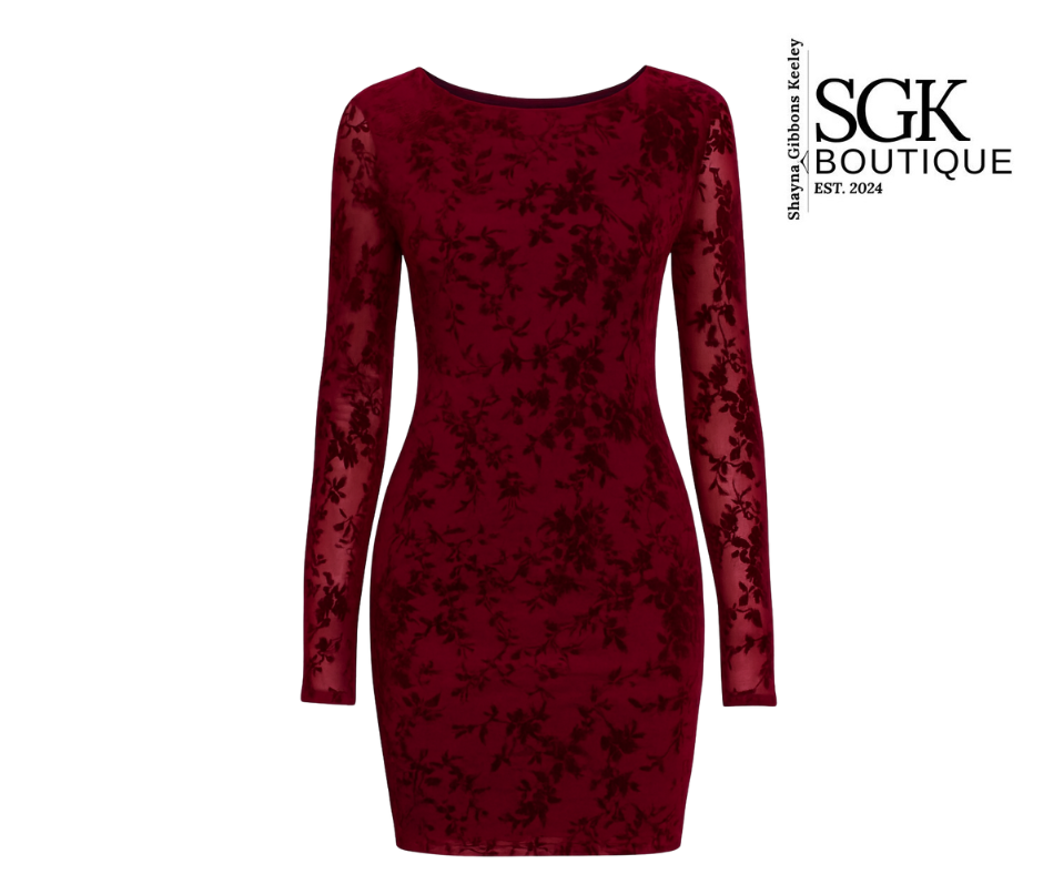 Burgundy lace dress with long sleeves on a white background, featuring the SGK Boutique logo.