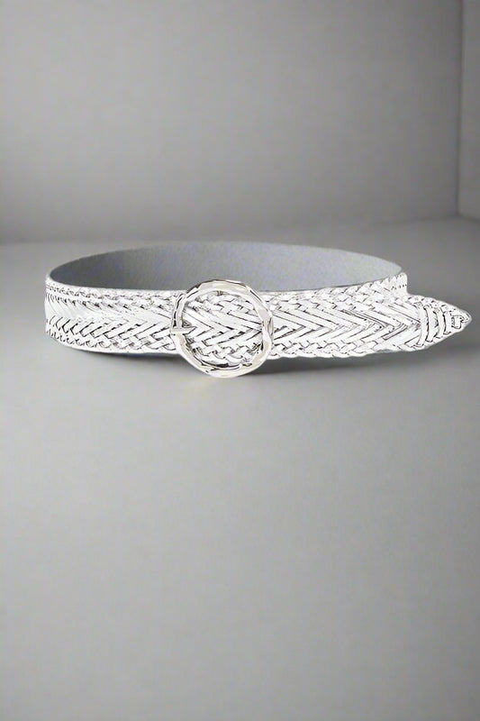 Silver belt with a unique design on a white background