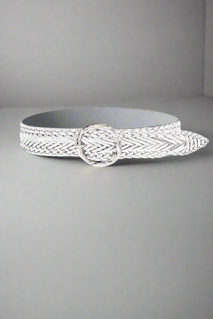Silver belt with a unique design on a white background