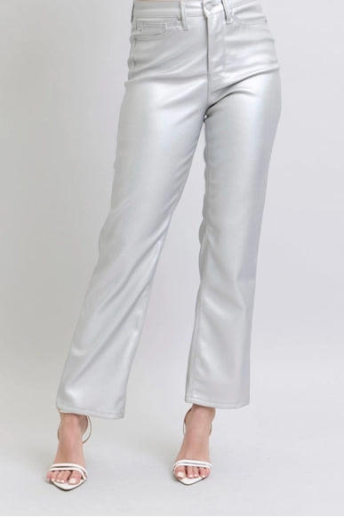 Silver metallic pants on a plain background