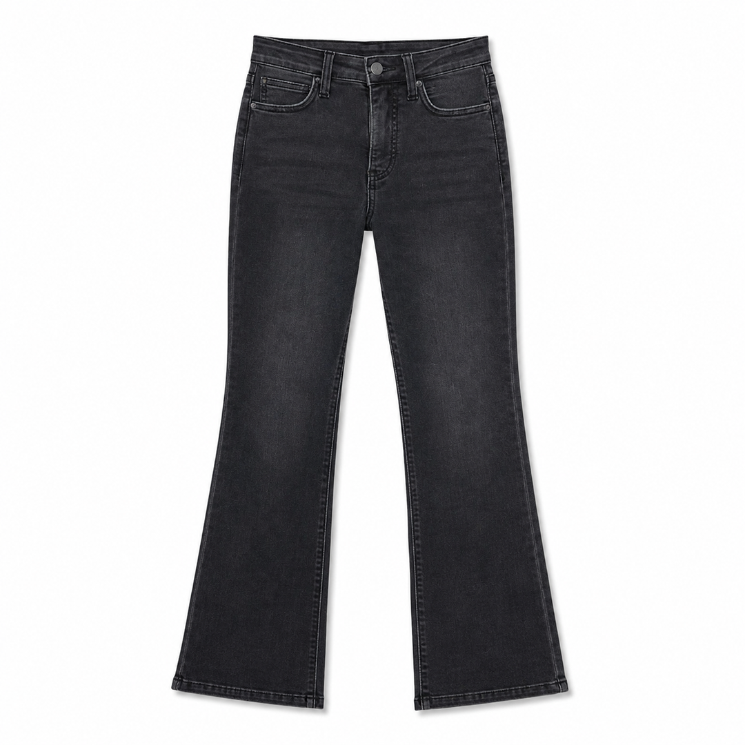 A pair of dark gray to black flared jeans with a subtle faded wash, shown flat against a plain white background.