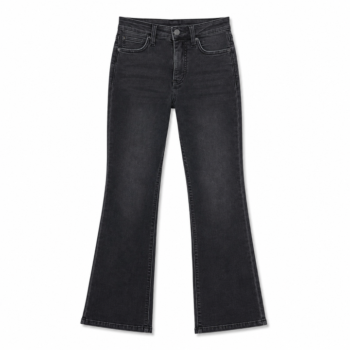 A pair of dark gray to black flared jeans with a subtle faded wash, shown flat against a plain white background.