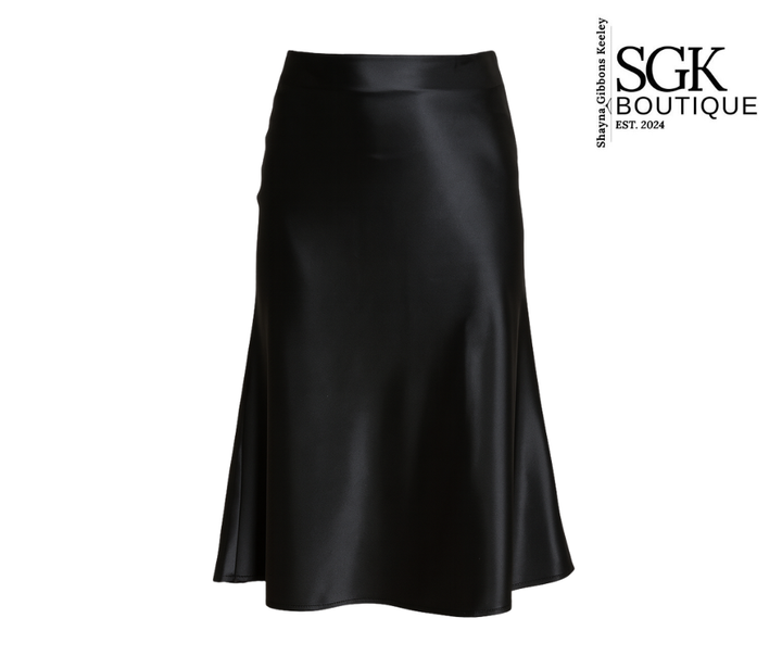 Black satin skirt on a white background with SGK Boutique logo.