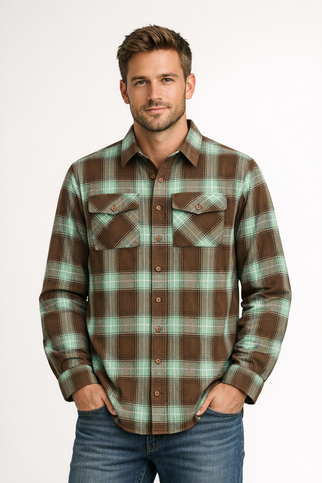 Plaid mint green and brown flannel shirt. 