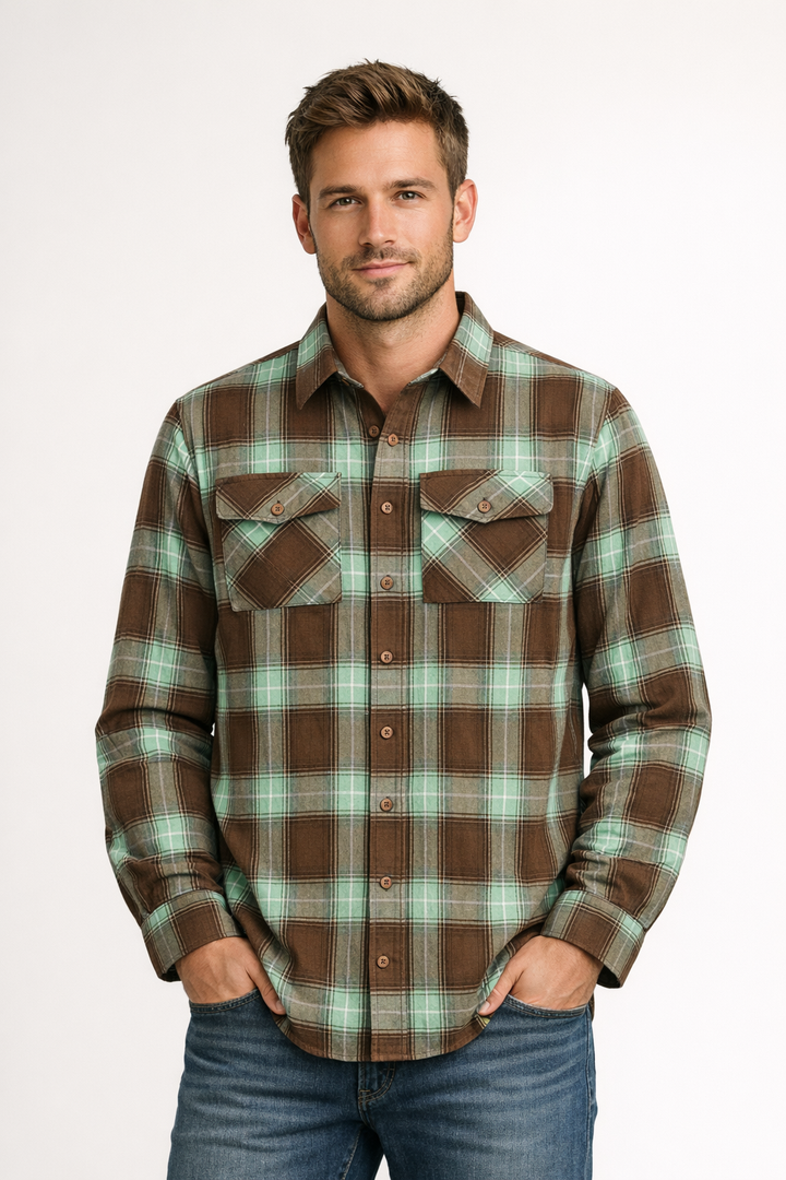 Plaid mint green and brown flannel shirt. 
